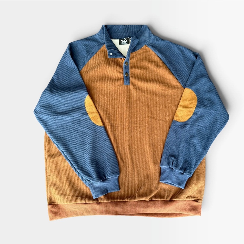 VOG START Mens XXL Corduroy Henley Pullover Colorblock Blue Brown Raglan Sweater